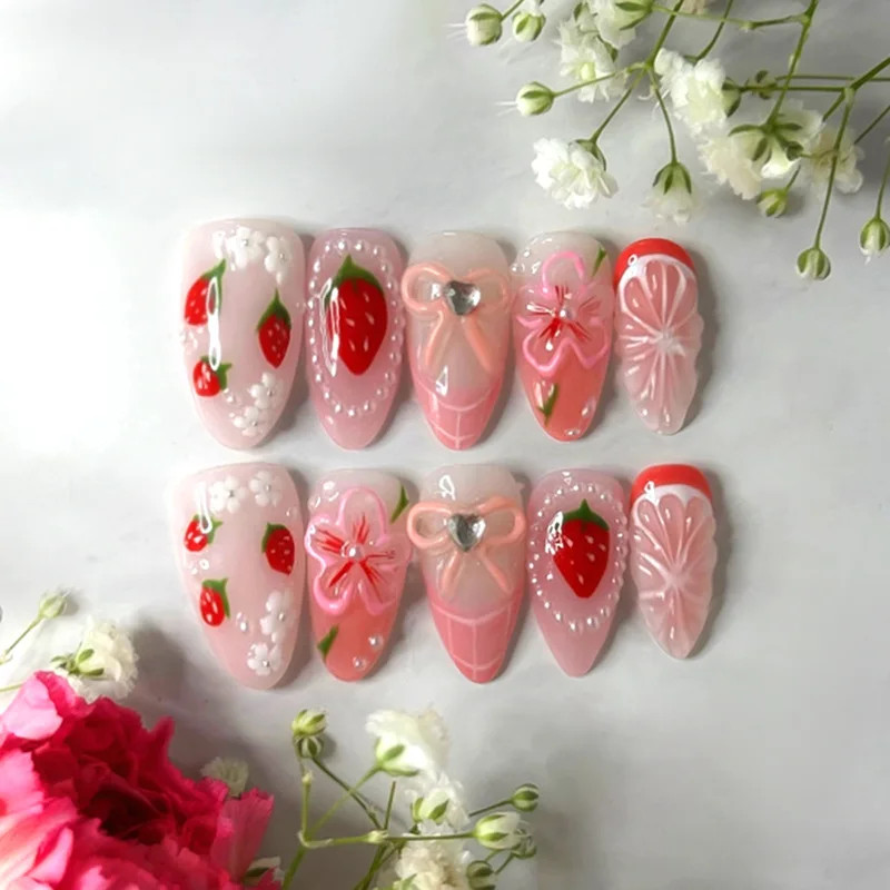 24Pcs Wearable False Nails 3D Flower Strawberry Green Gradient Pearl Mid-length