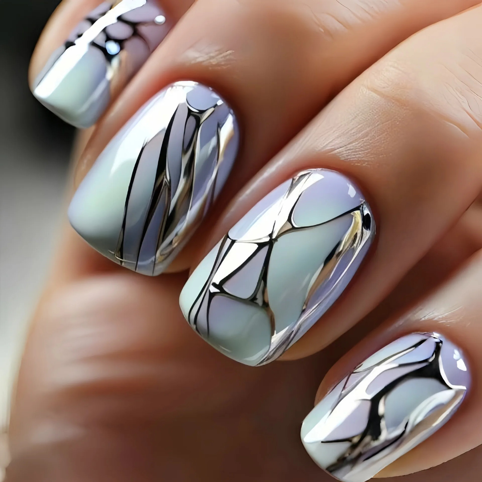 24PCS Green Striped Press on Nails Short Square Gradient Fake Nails
