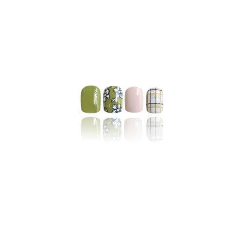 Short Press on Nails Green Square Fake 1 Fl Oz (Pack of 1) Square Flower-31