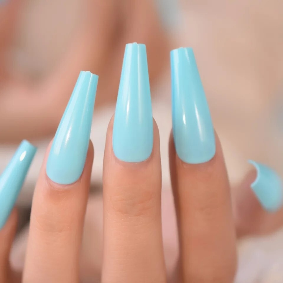 24 Blue glossy press on nails kit glue teal aqua light raver bright