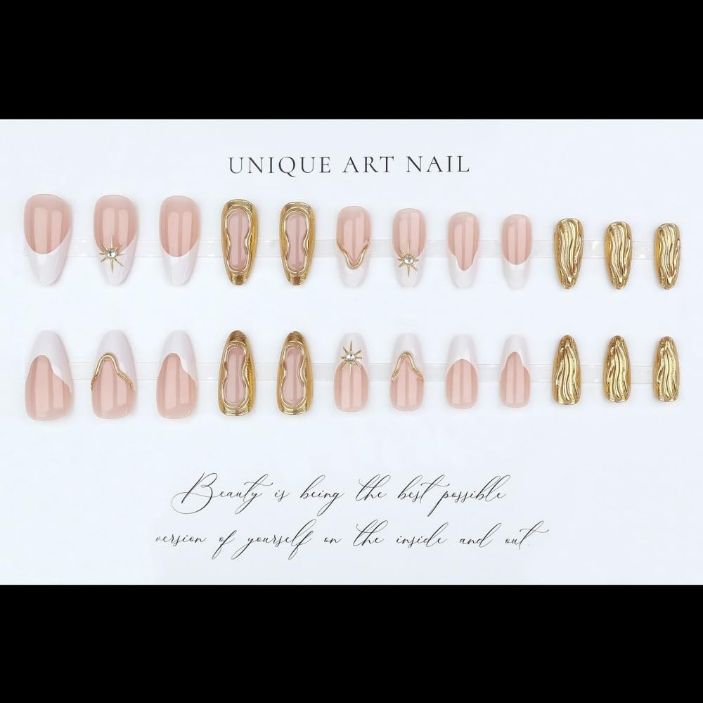 Medium Almond Press on Nails French Tips Nails Press on with 5D Star Charm Desig