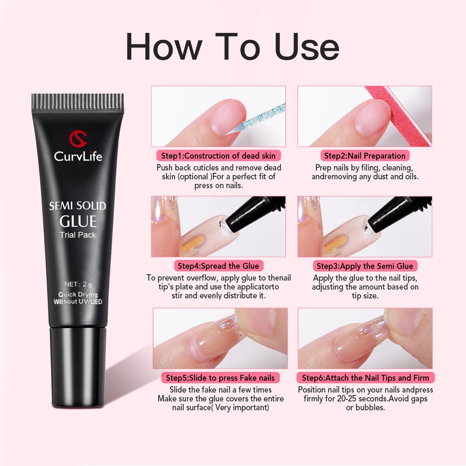 CurvLife Nail Tips Semi Solid Glue 2g (5pcs) – Super Strong, Soft Black