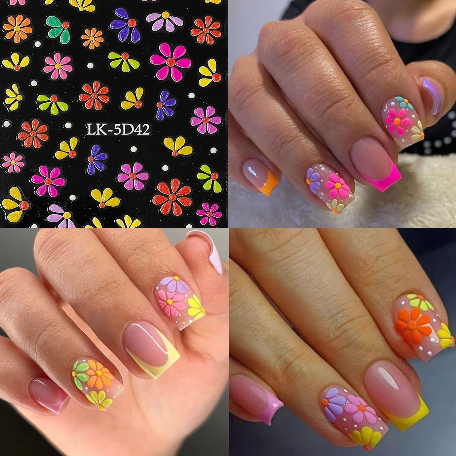 Nail Art Stickers Decals 5D Embossed Flower Colorful-06