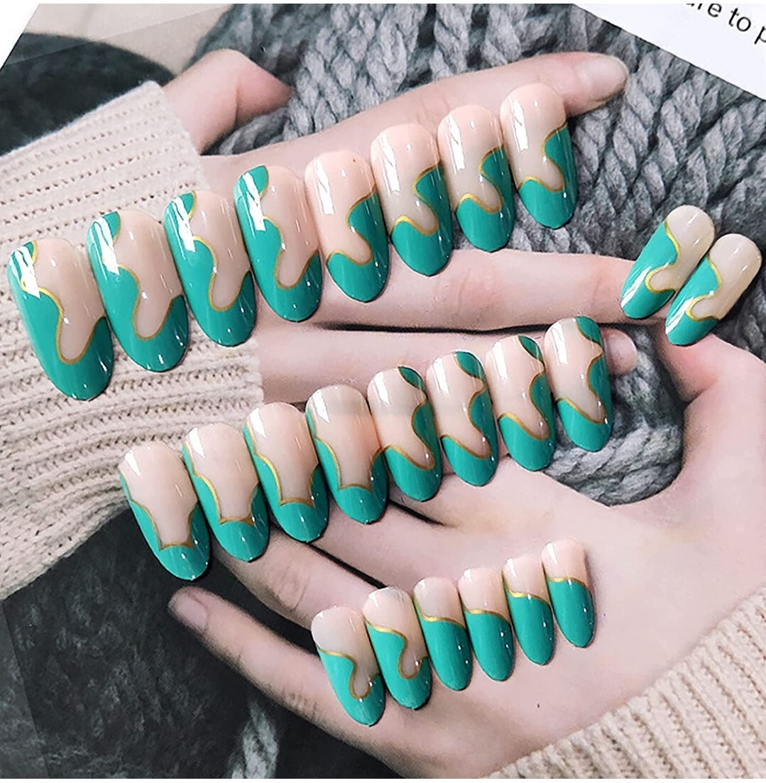 24 Press on nails w/ glue long almond green gold swirl nude