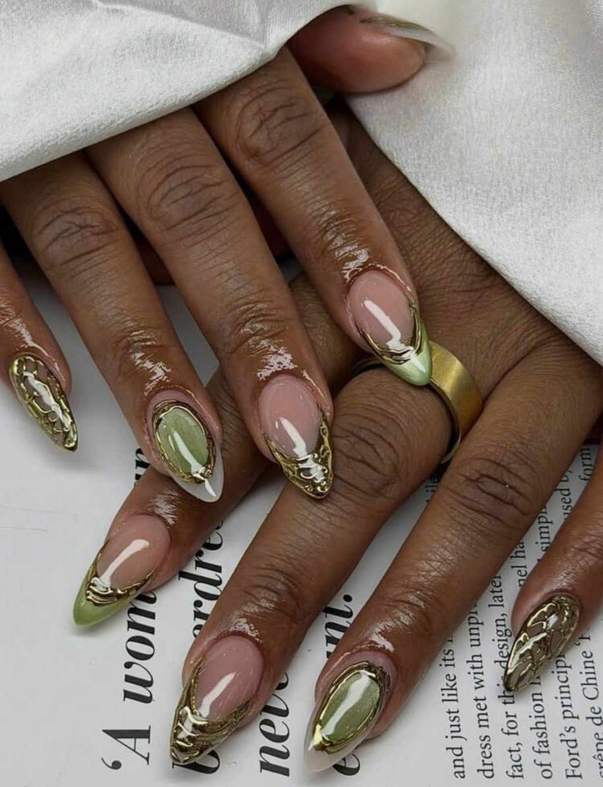 Reusable Long Almond Acrylic Press-On Nails Nude Green Gold 3D Marble
