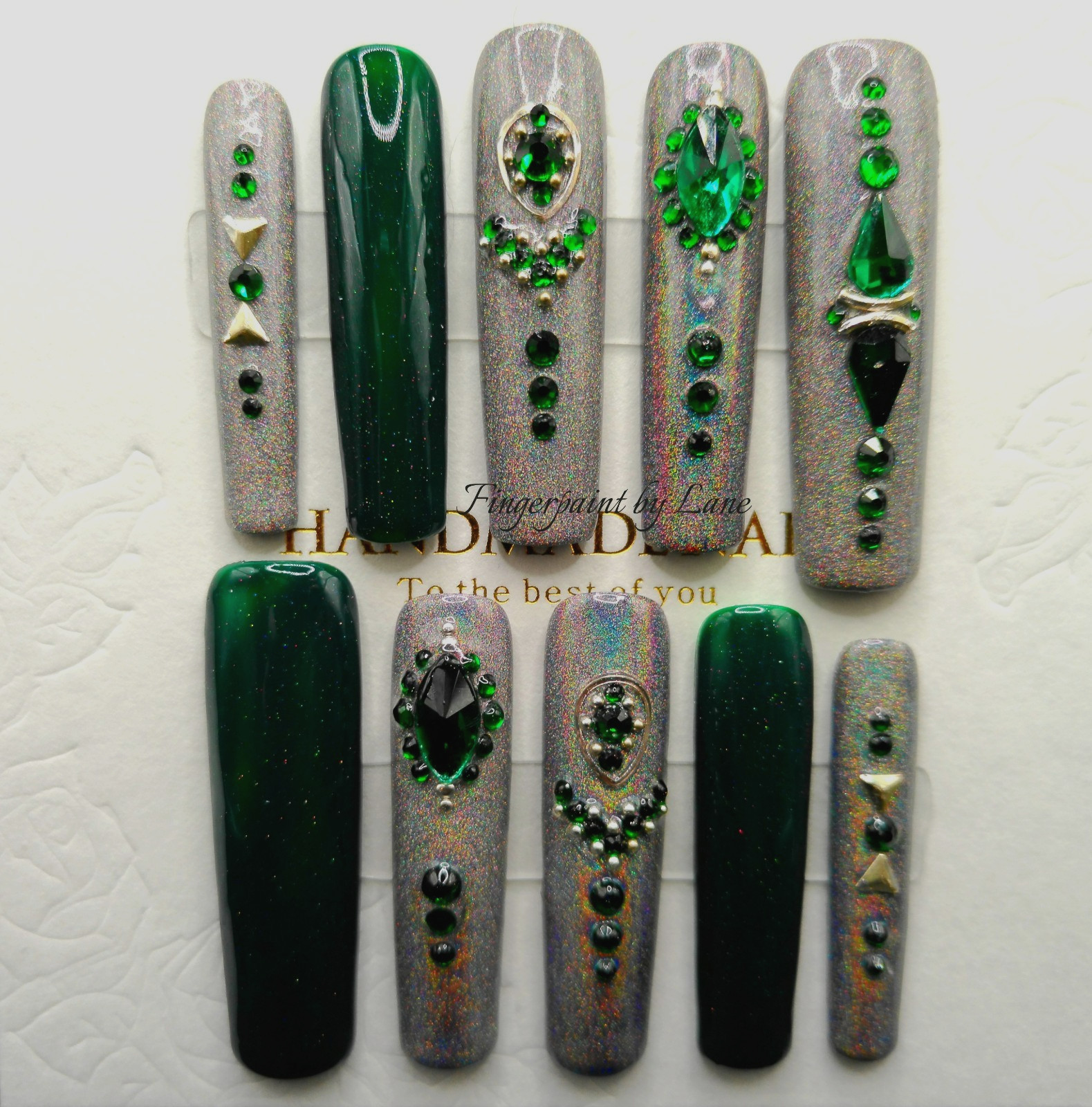 Emerald and Silver Long Square Gel Press-on Nails, Medium Size – Handmade