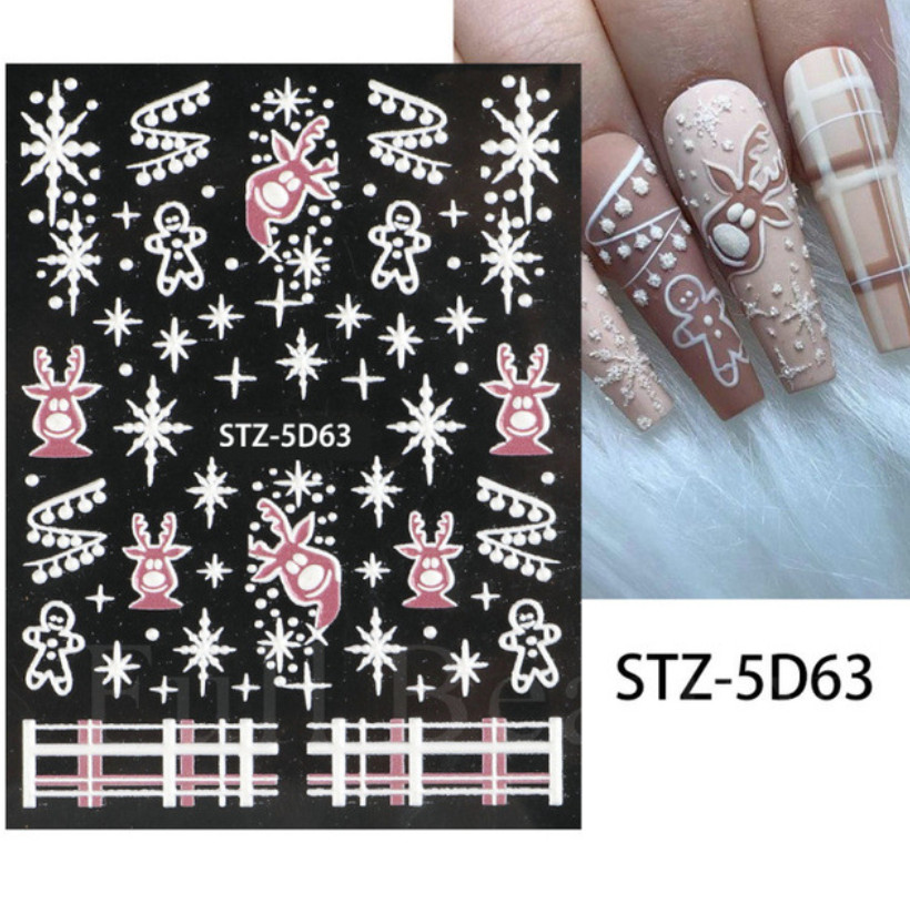 5D Embossed Christmas Snowflake Rose Flowers Nail Stickers Sliders Peel & Stick