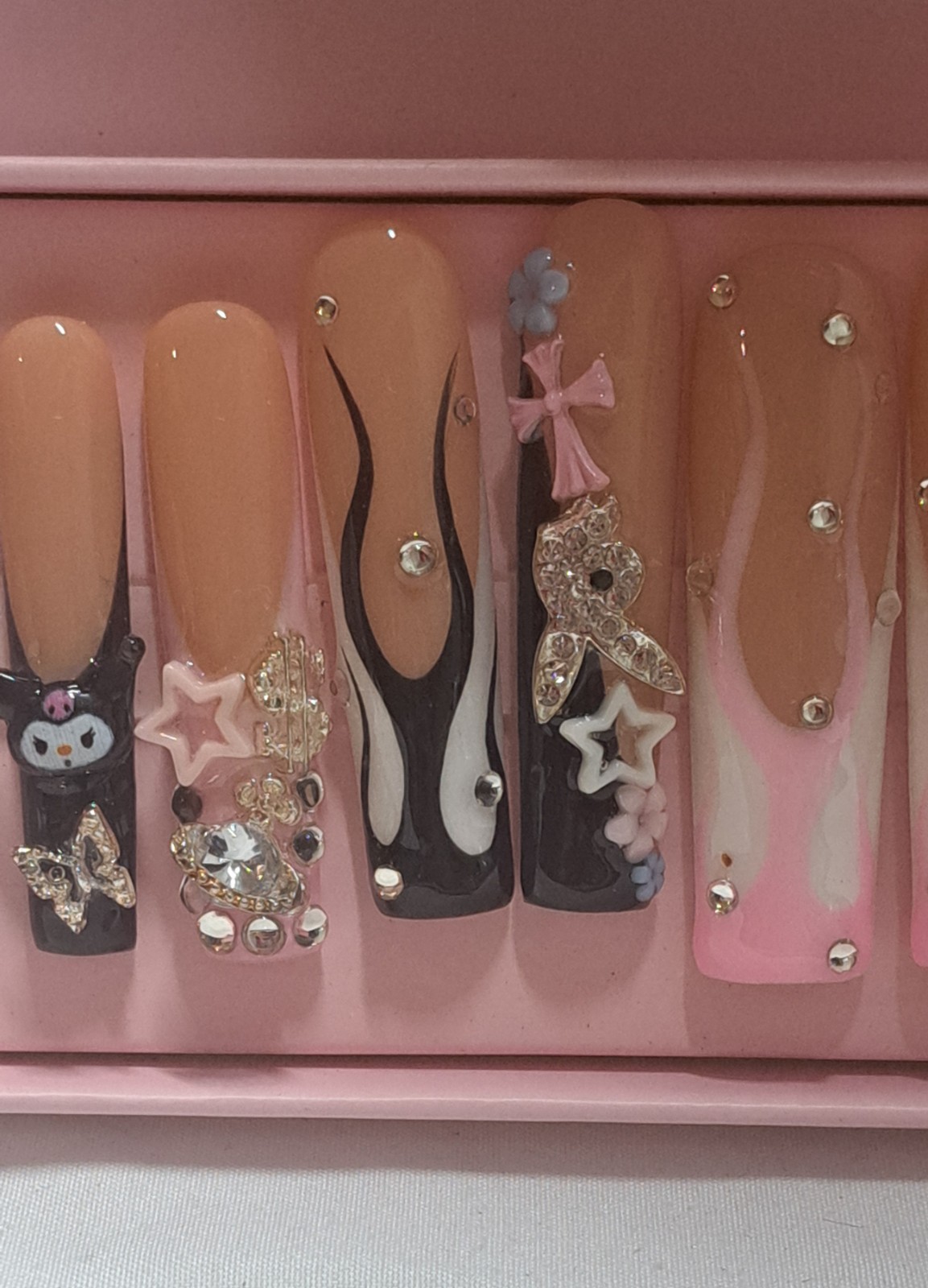 Handmade Tapered Square Press On Nails Nude Pink Black Flame Kuromi Playboy
