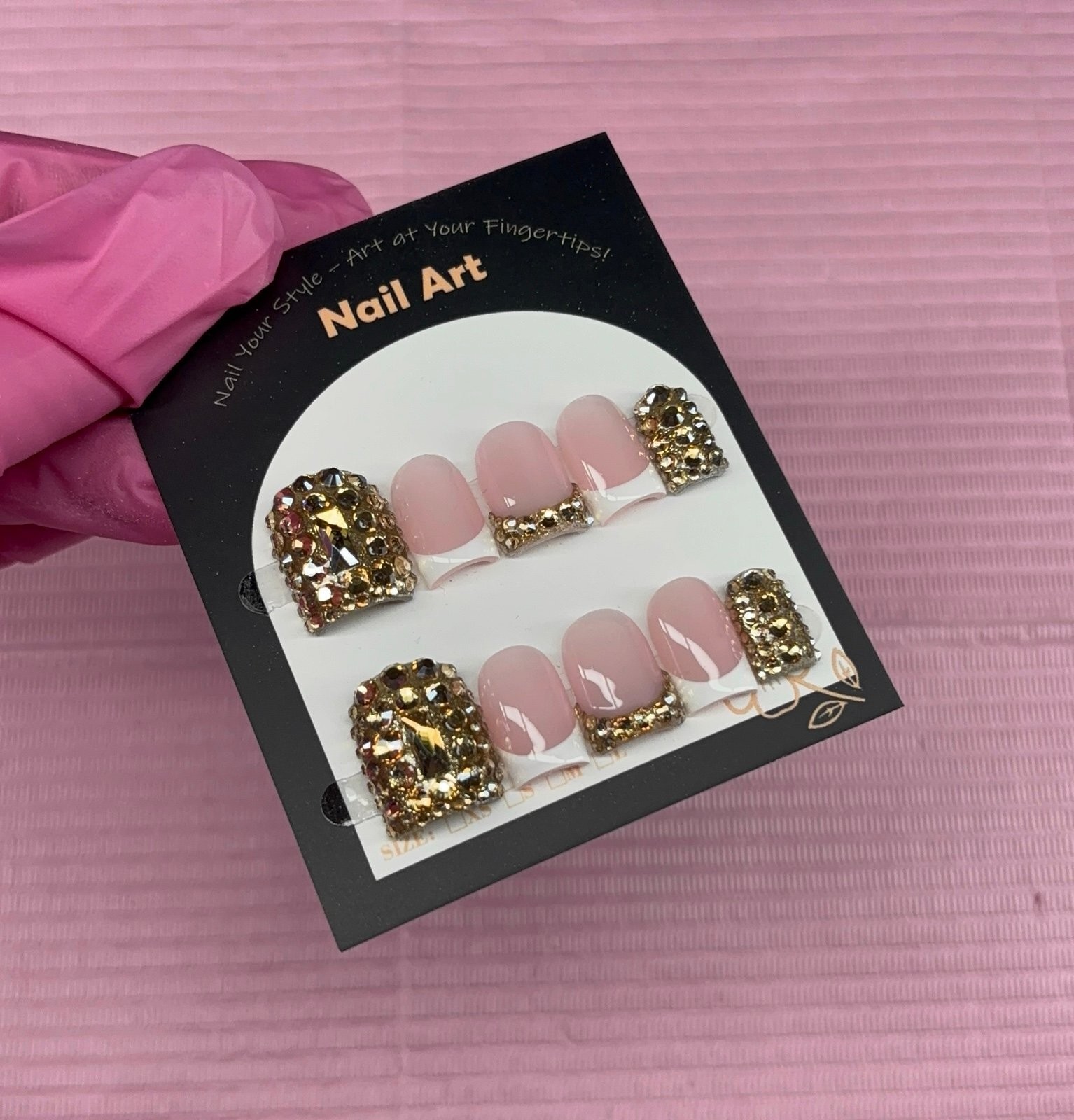 Extra Short square press on nails gold rhinestones white