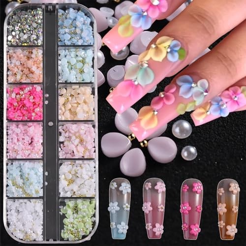 12 Grids Flowers Nail Charms 3D Resin Colorful Petals Charms for Acrylic Nails