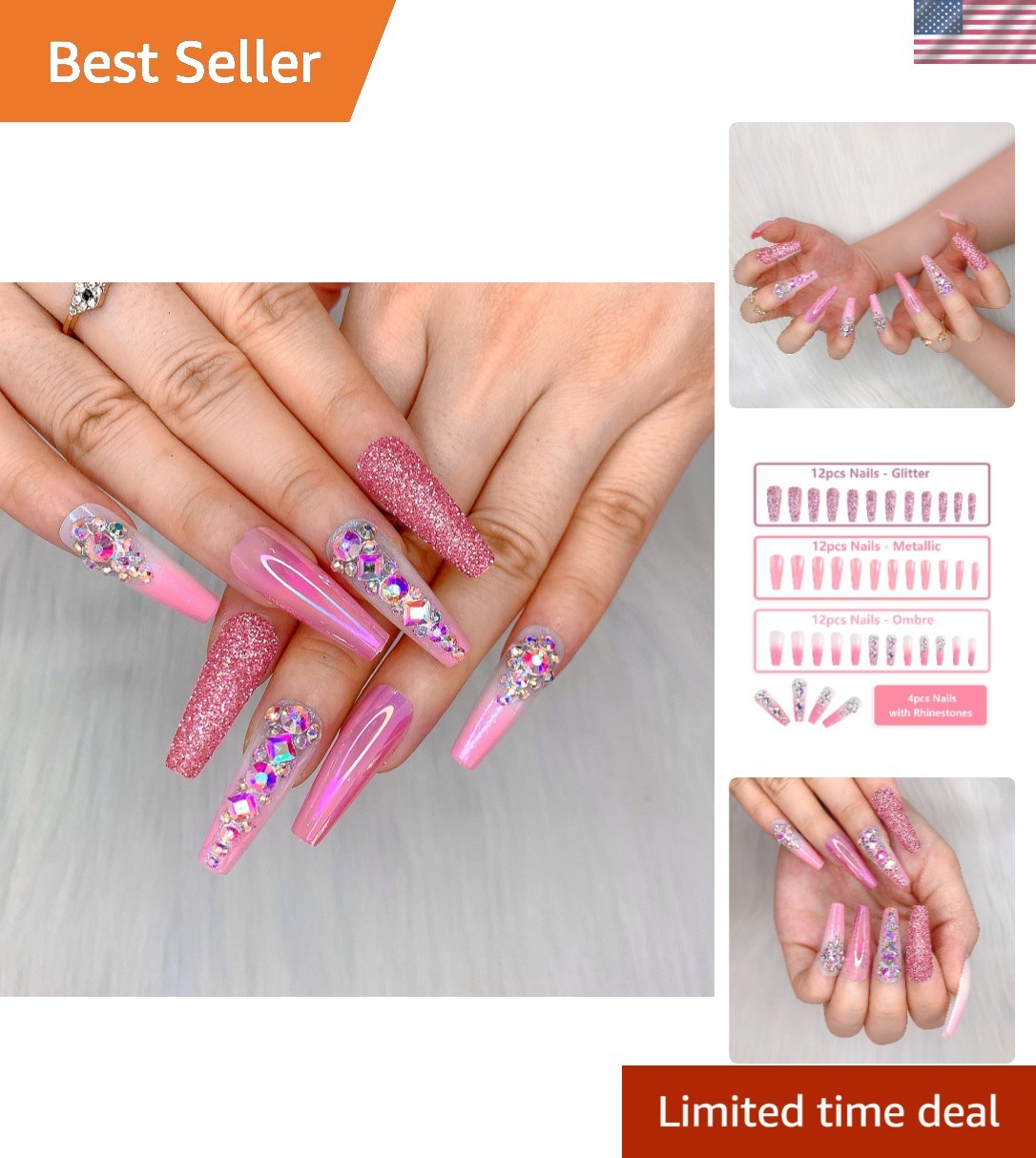 36pcs Easy to Apply Pink Ombre Press-On Nails with 3D Gems – Perfect for Parties