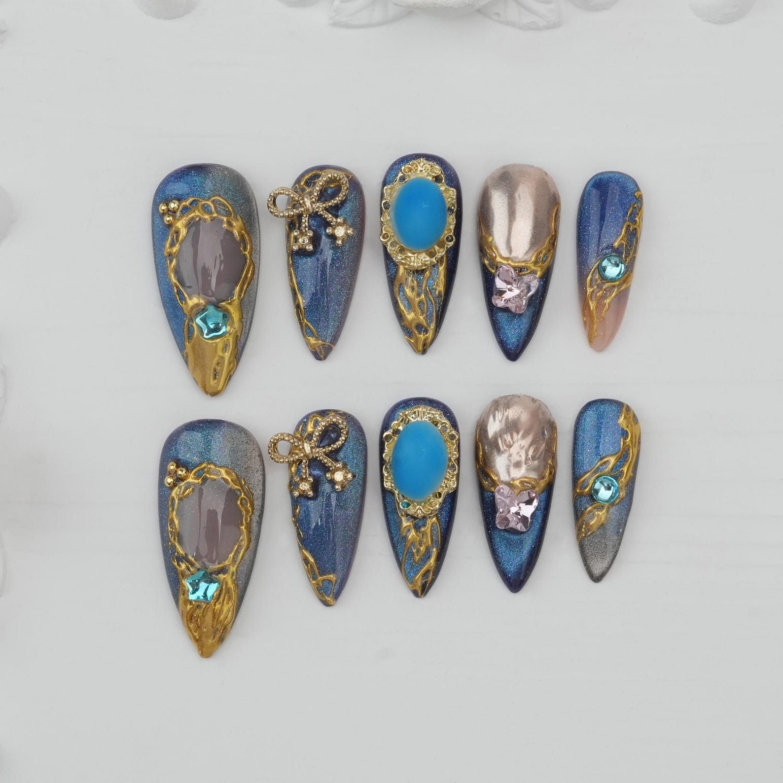 Handmade Dark Blue Cat Eye Gold Metal Line Bow Gem Long Stiletto Press on Nails