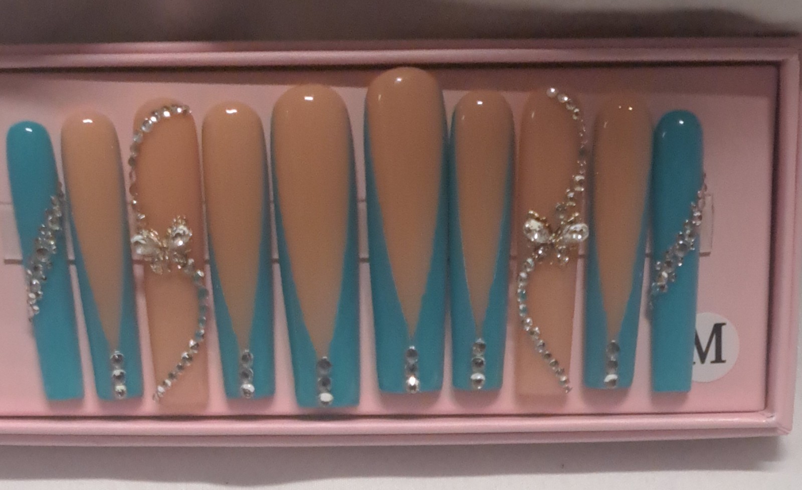 Handmade Acrylic Press On Nails Tapered Square Blue Nude Butterfly Rhinestones