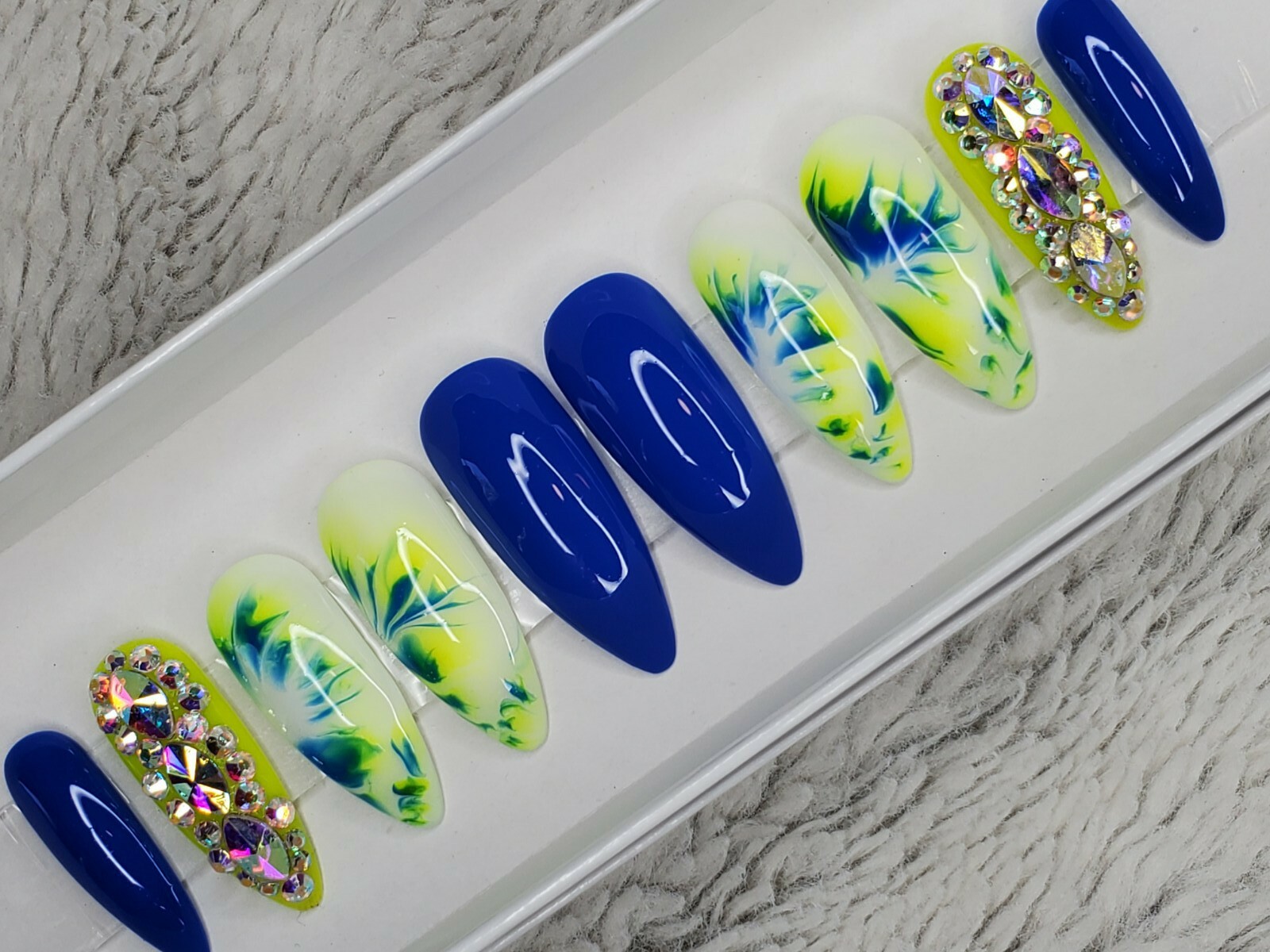neon yellow white blue tie dye bling press on nails watercolor stiletto crystals