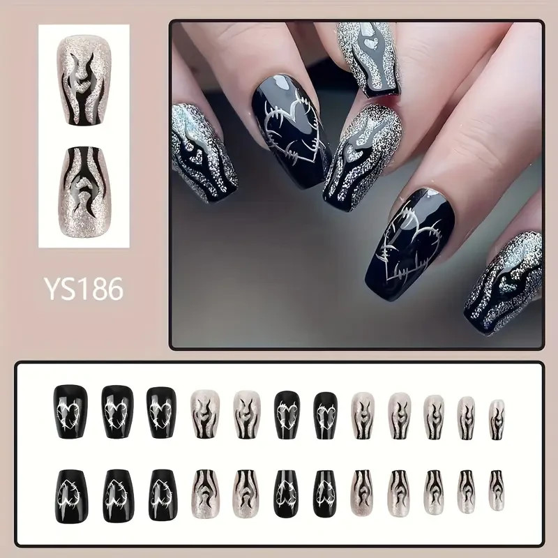 Ballet Press-On Jelly Nails 24pcs | Black Glitter Hearts & Flames Nail Set