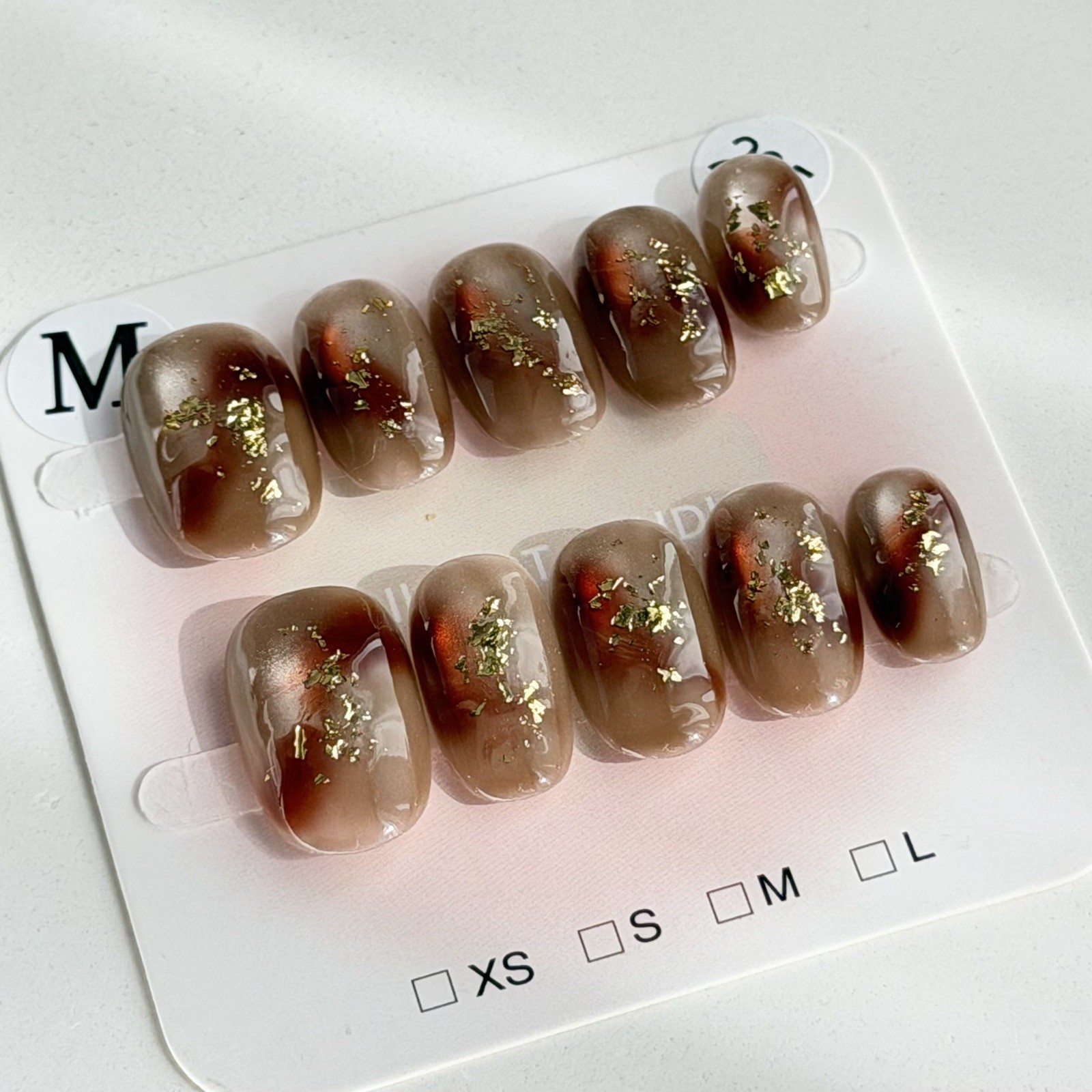 Handmade Red Brown Gold Foil Ombre Press-On Nails Short Oval Size M Reusable