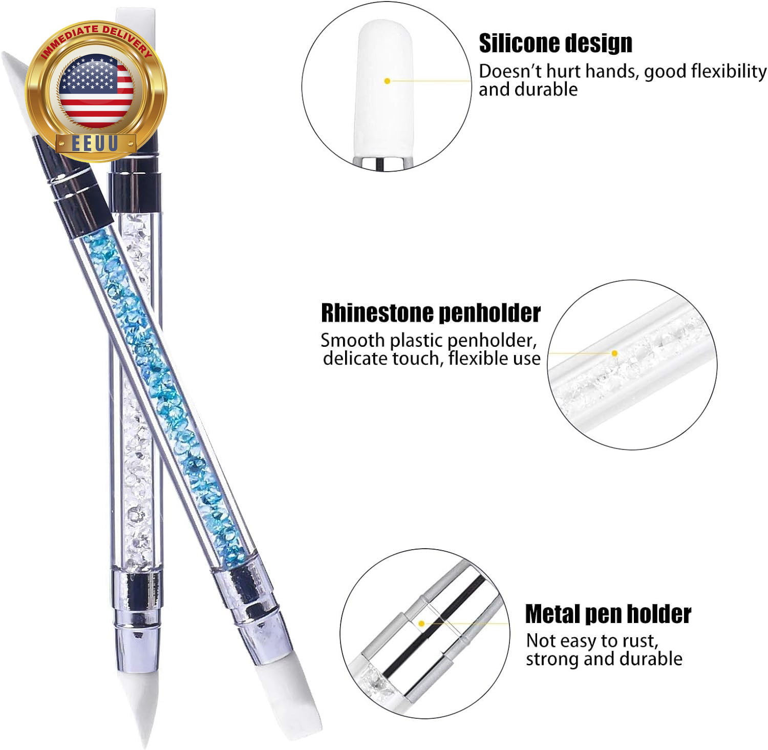 Nail Art Acrylic Pen Brushes, 5 Pcs Rhinestone Nail Art Brushes Dual Tipped Sili