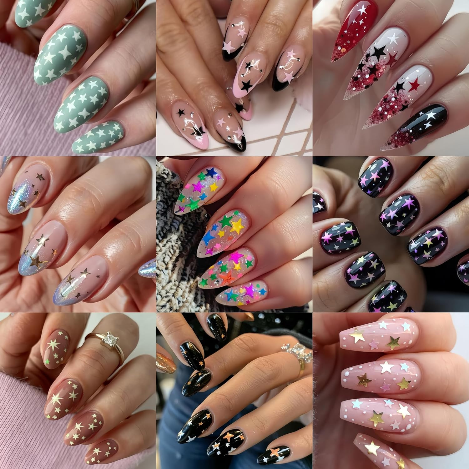 10 Pcs Star Nail Stickers 3D Gold Silver White Black Red Blue Green Rose Gold Pi