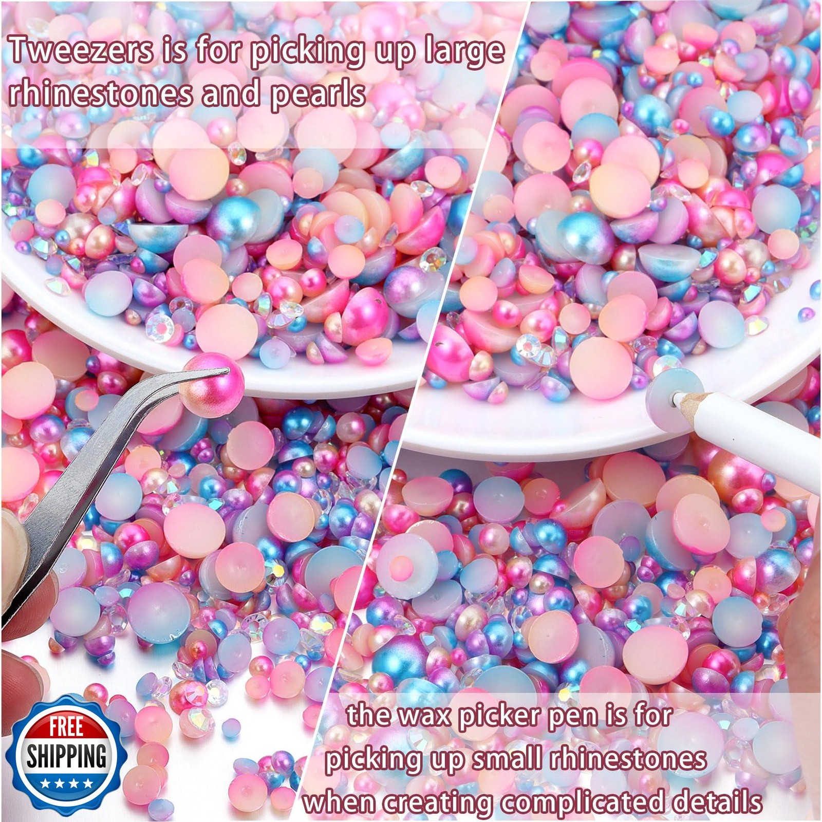 100g Flatback Pearls and Rhinestones，Mix 3-10mm Pearl Rhinestones for Crafts