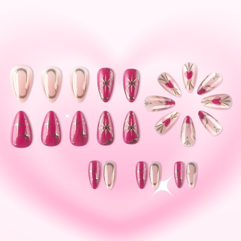 48 Pieces of Pink Metal Decoration Pressed in Nail Oval Gloss Fake Nail Art