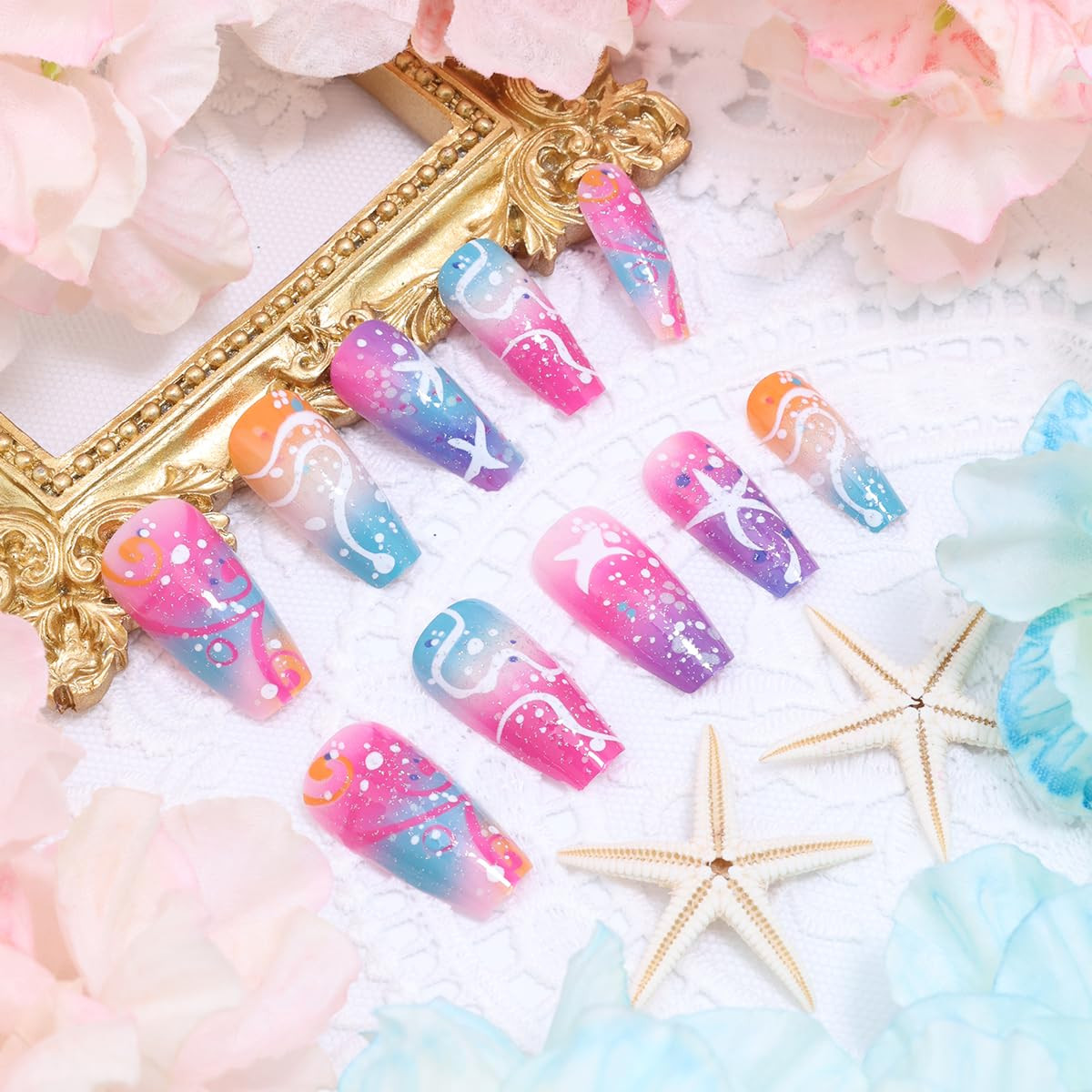 Summer Press on Nails Medium Coffin Fake Nails Summer Ocean False Nail with Star