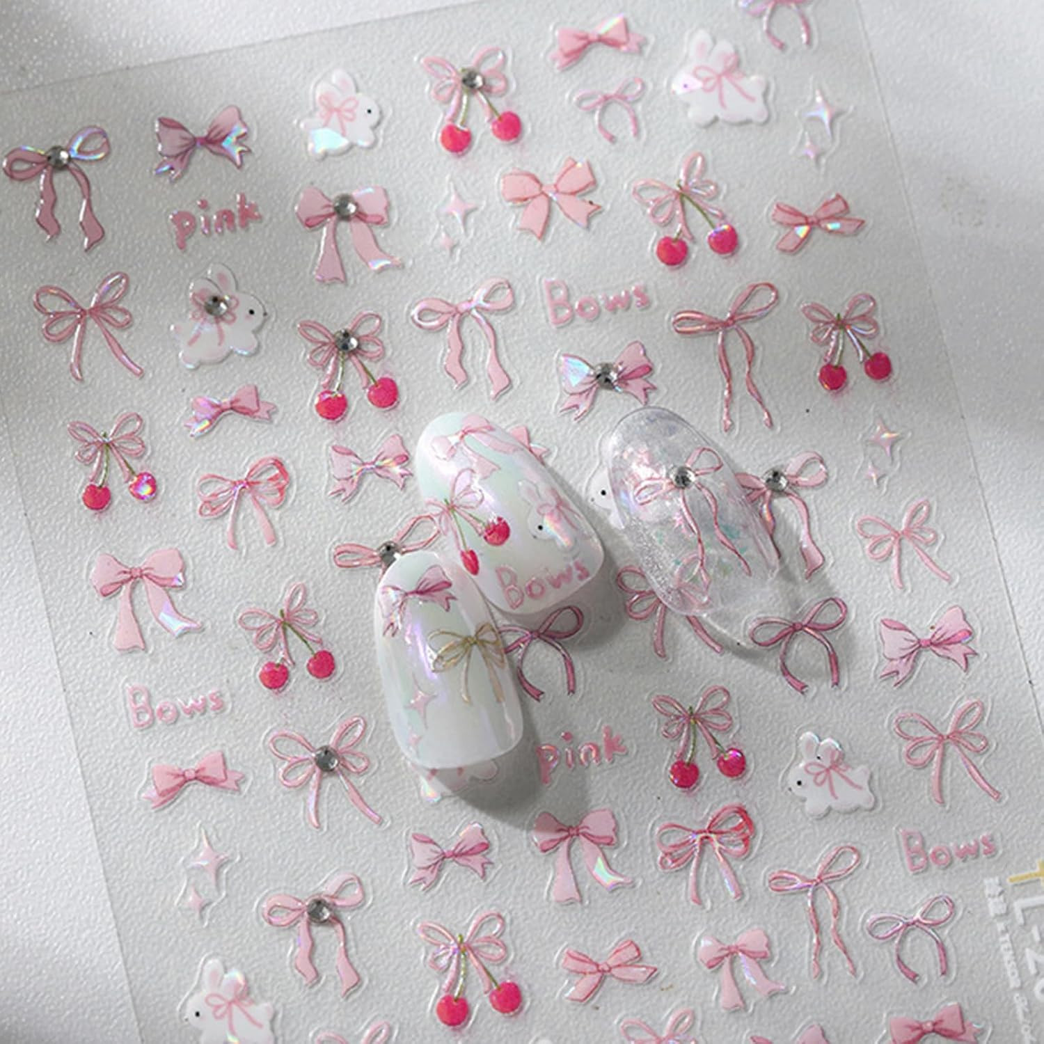1 Sheet Bow Nail Art Stickers 5D Self-Adhesive Glitter Pink Bows Nail Art Design