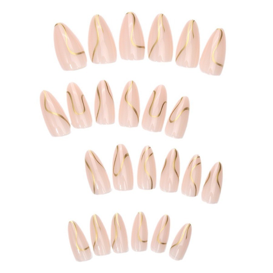 48Pcs-Medium Almond Nude White Gradient Gold Curve Line Press on Nails