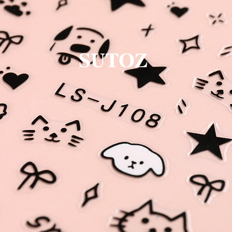 2Pcs Black White Cartoon Cat Dog Star French Nail Stickers Decoration J107 NS52