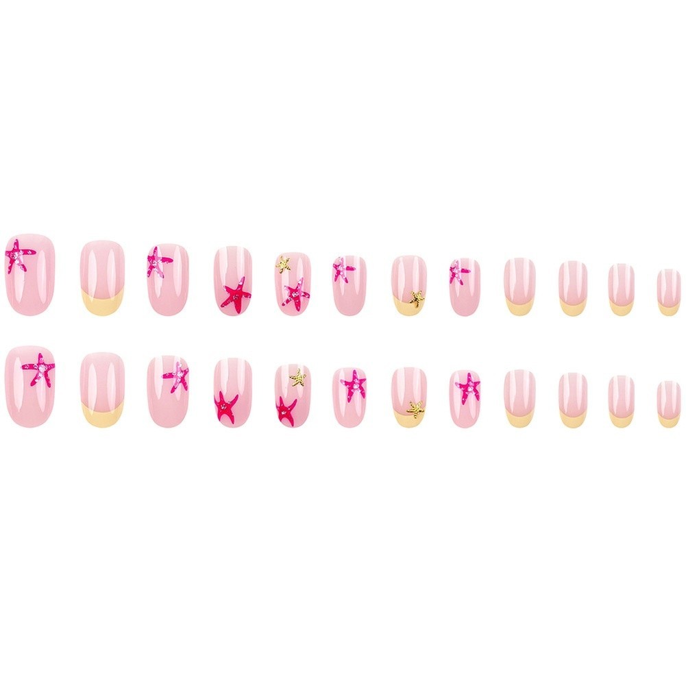 24PCS Starfish Motif Oval Press On Nails For french Style Nude Yellow Marine
