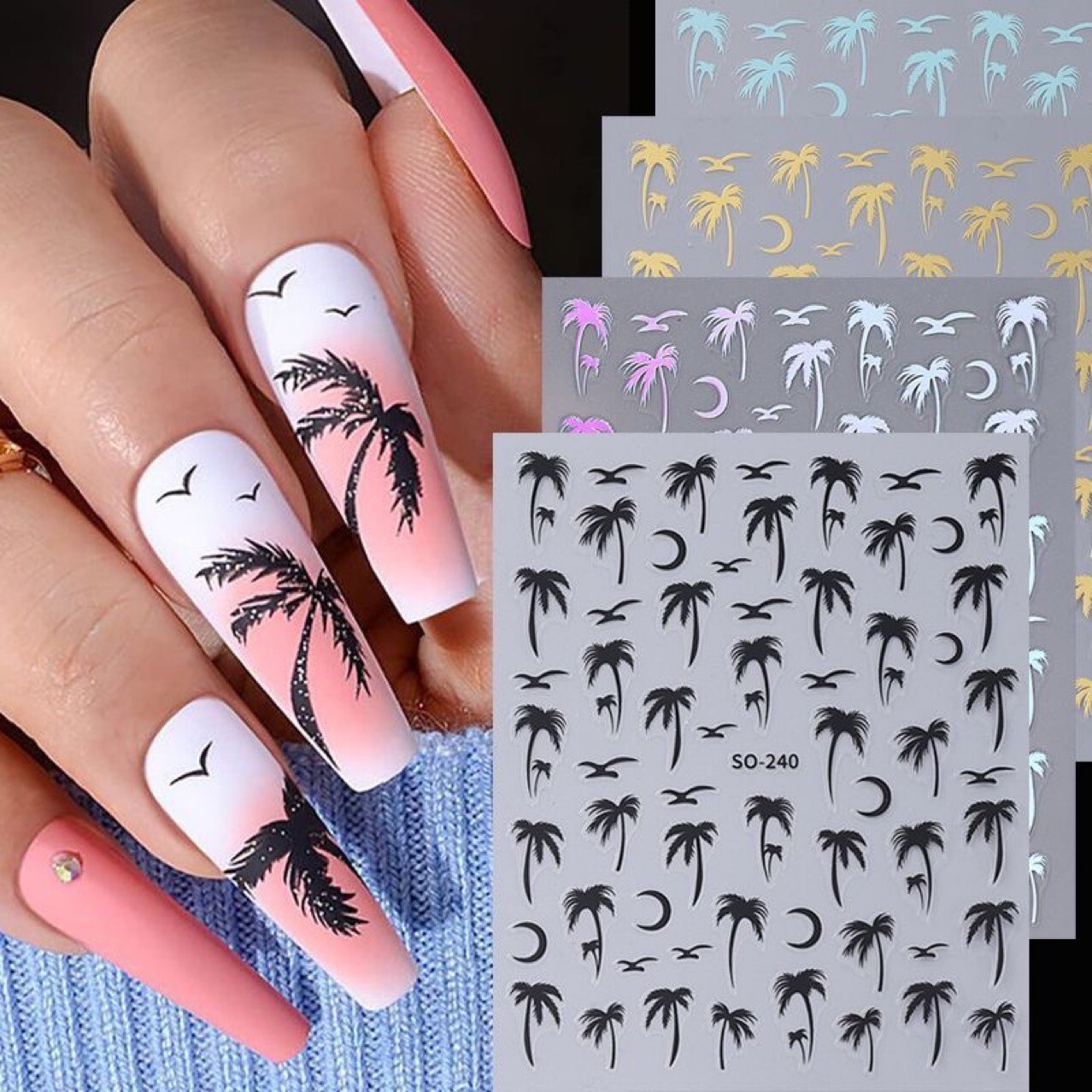 4Sheets Summer Beach Nail Art Stickers Palm Coconut Tree Birds Moon SO240 NH28