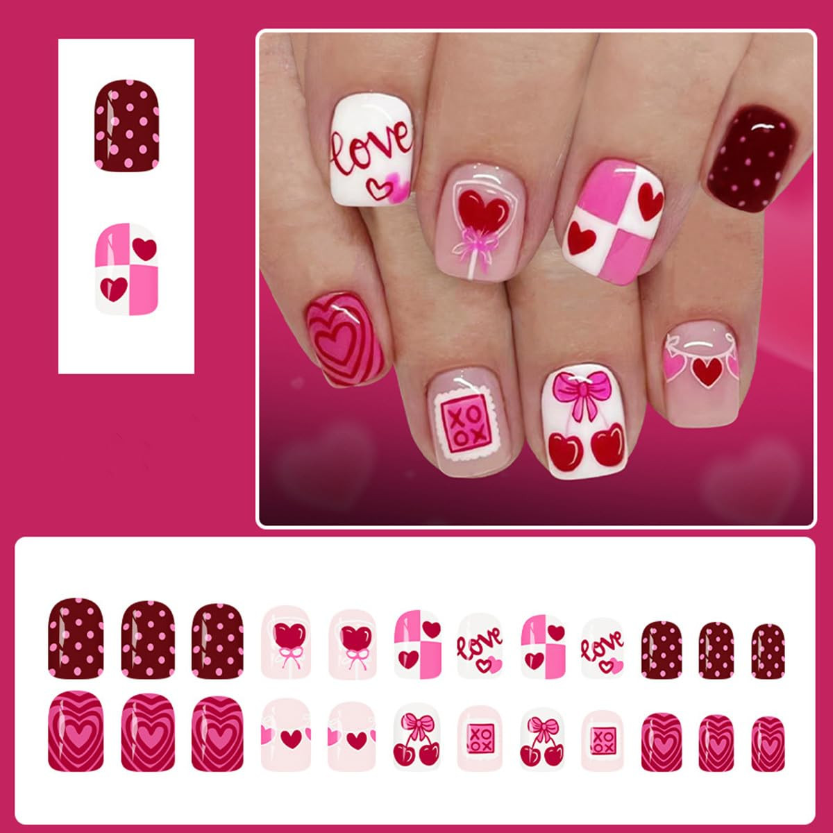 24Pcs Valentines Day Press on Nails Short Square Pink Balloon Heart Design A03