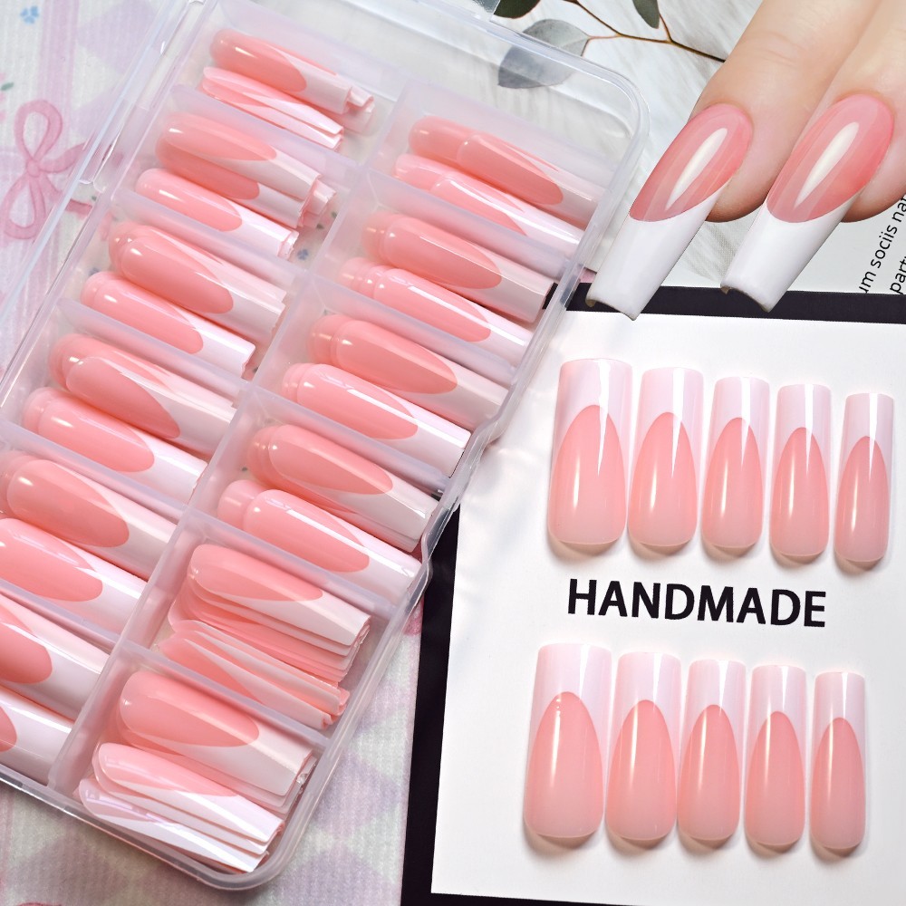 Title: 120PCS Glossy Pink French Press On Nails 12 Sizes Full Cover False Nails