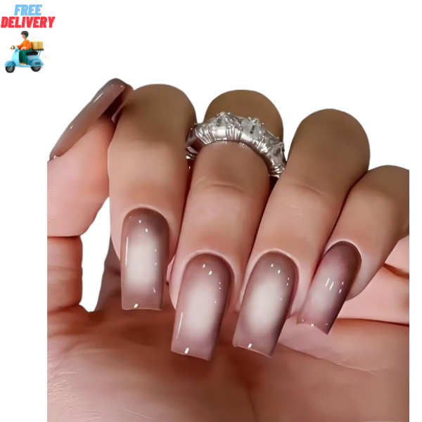Ombre Brown Press on Nails Long Square Shaped Gradient White french brown