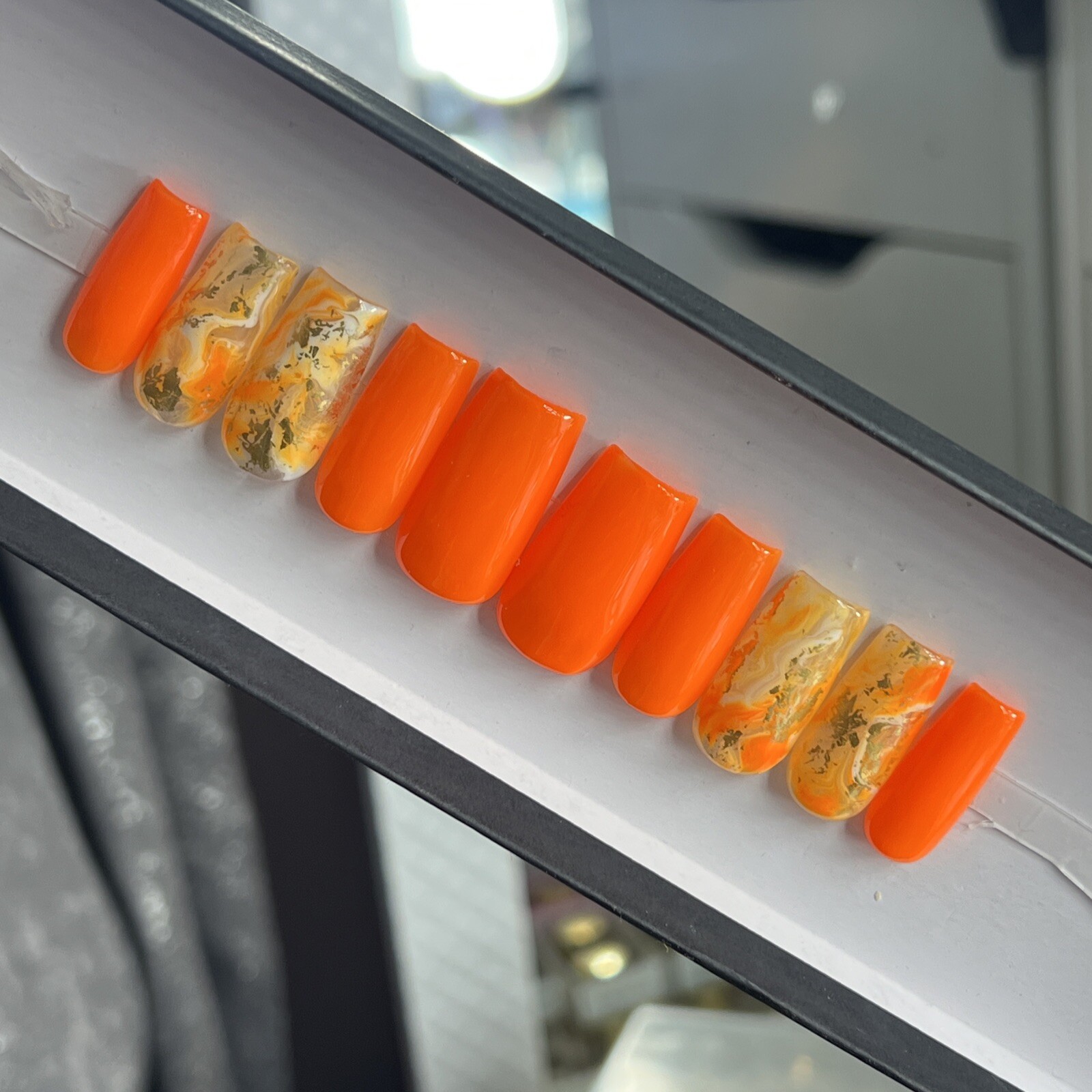 🧡 CUSTOM Hard Gel Press On Nails, BLAZING ORANGE W BLING 10p SET W Kit