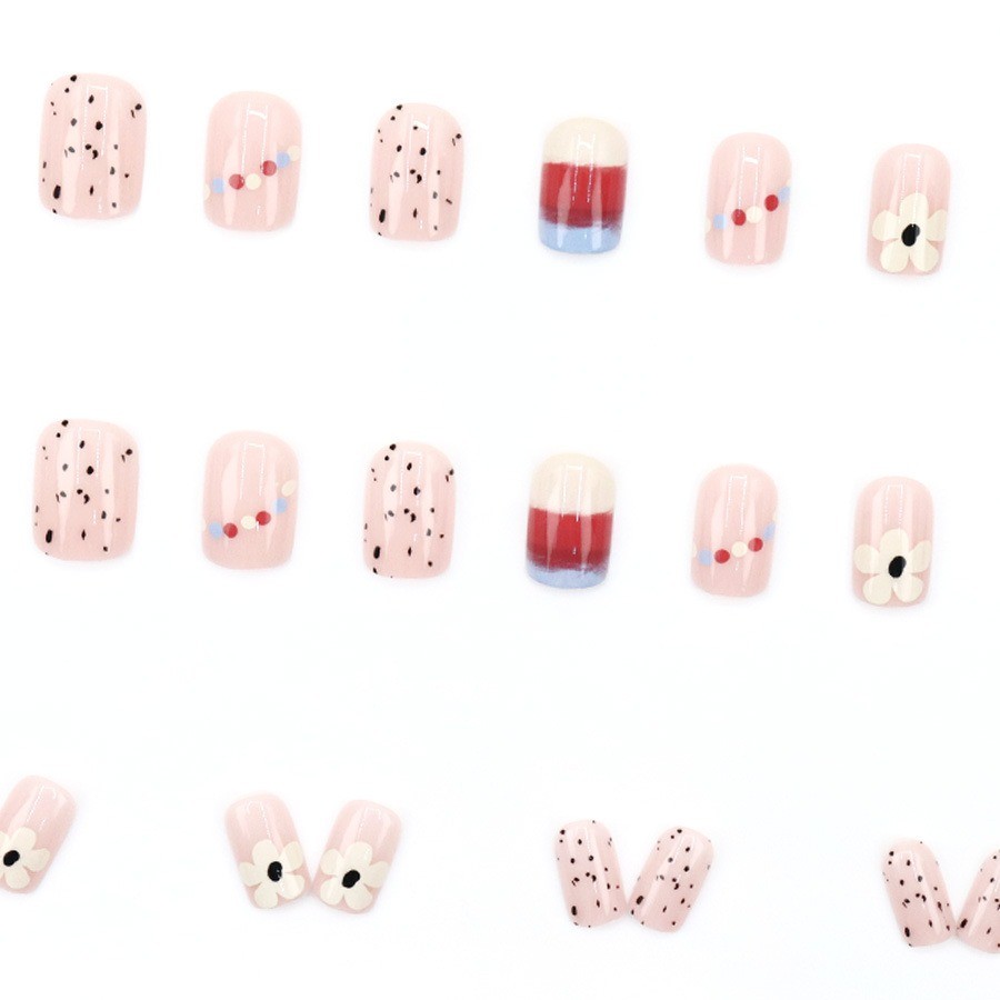 48pcs Short Oval Press on Nails, Nude Base Red White Floral Dot Casual Nails