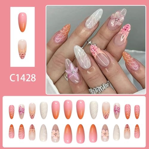 Summer Press on Nails Almond – Medium French Tip Fake Nails 3D Flower Style-17