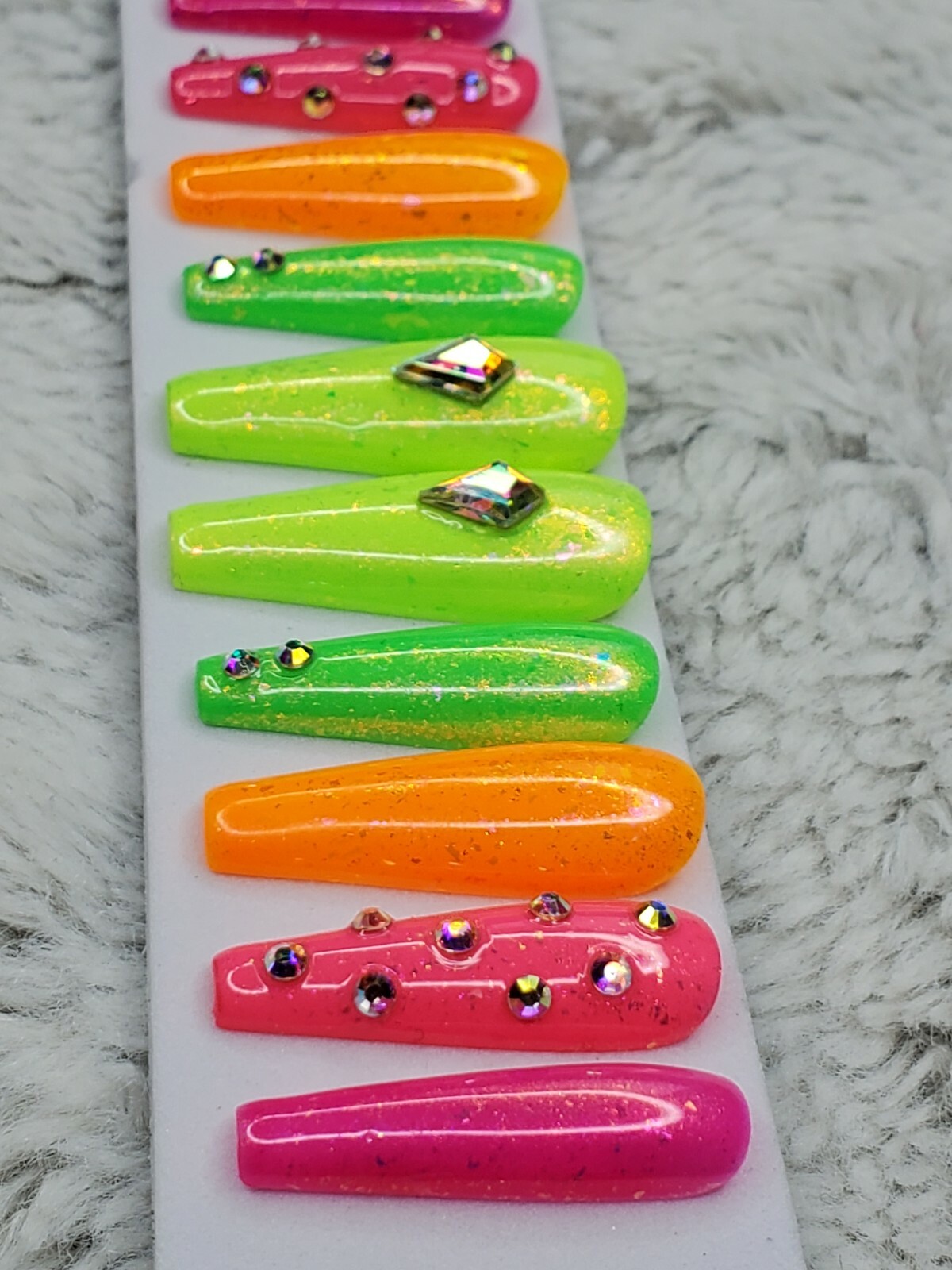 Bright neon rainbow studded crystal nails press on nails bling diamond ballerina
