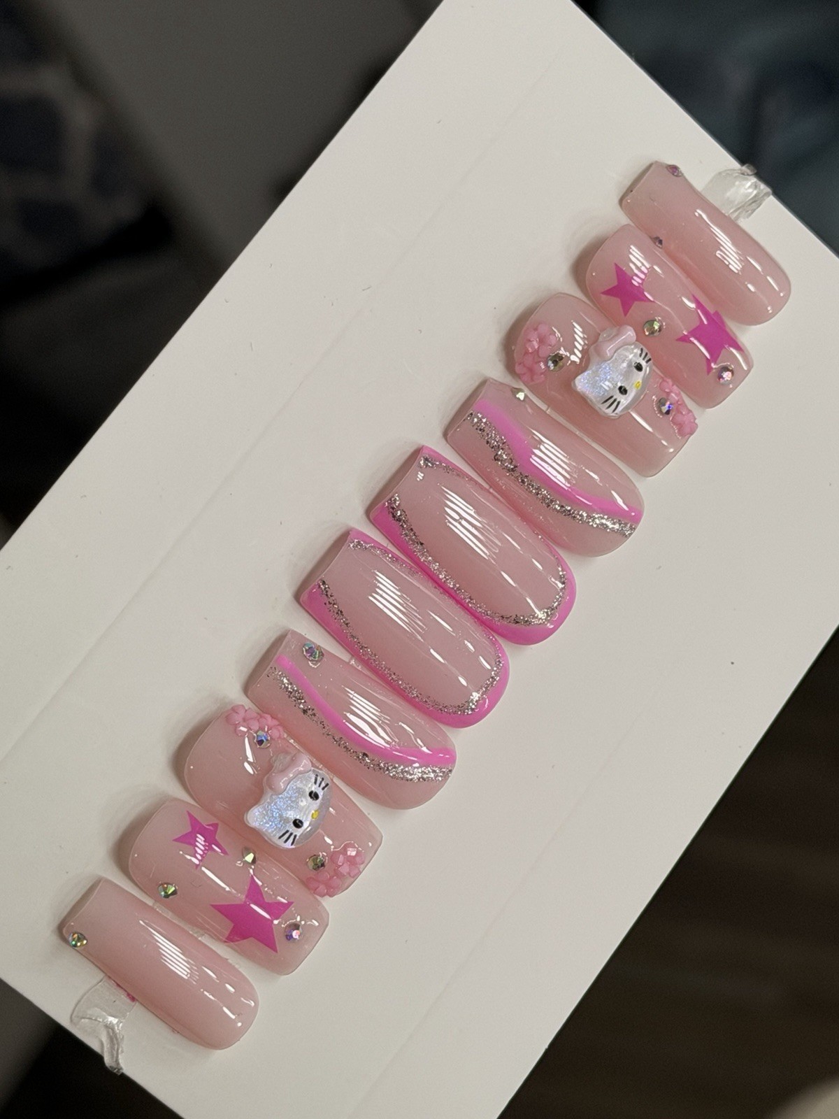 ✨ CUSTOM Press On Nails Nude PINK HELLO KITTY BLING 10p SET W Kit