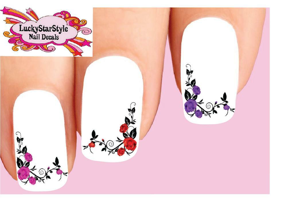 Waterslide Rose Nail Decals Set of 20 – Corner Roses with Vines Assorted