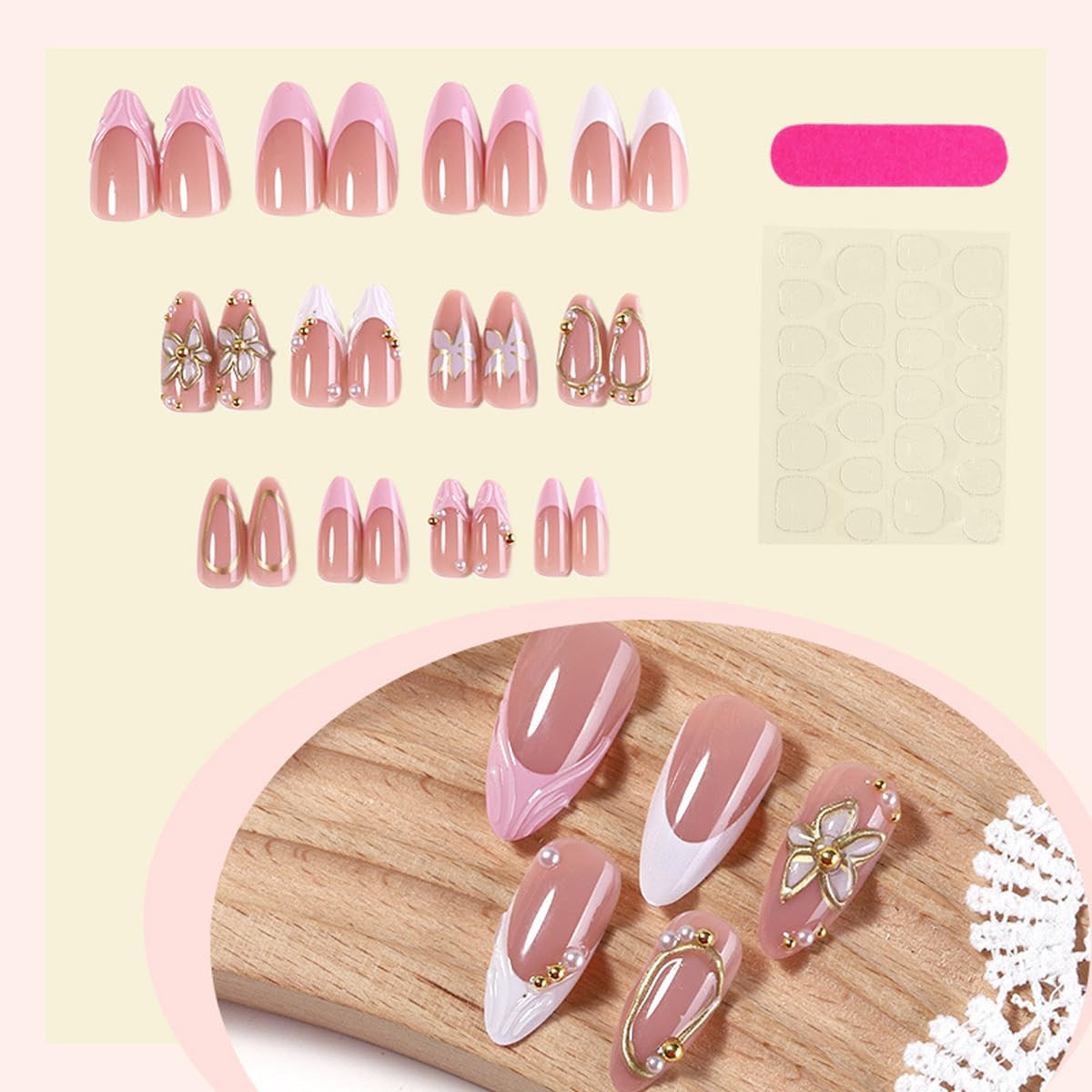 3D Wave French Tip Press on Nails – Medium Almond Fake Nails with Gold Flower |