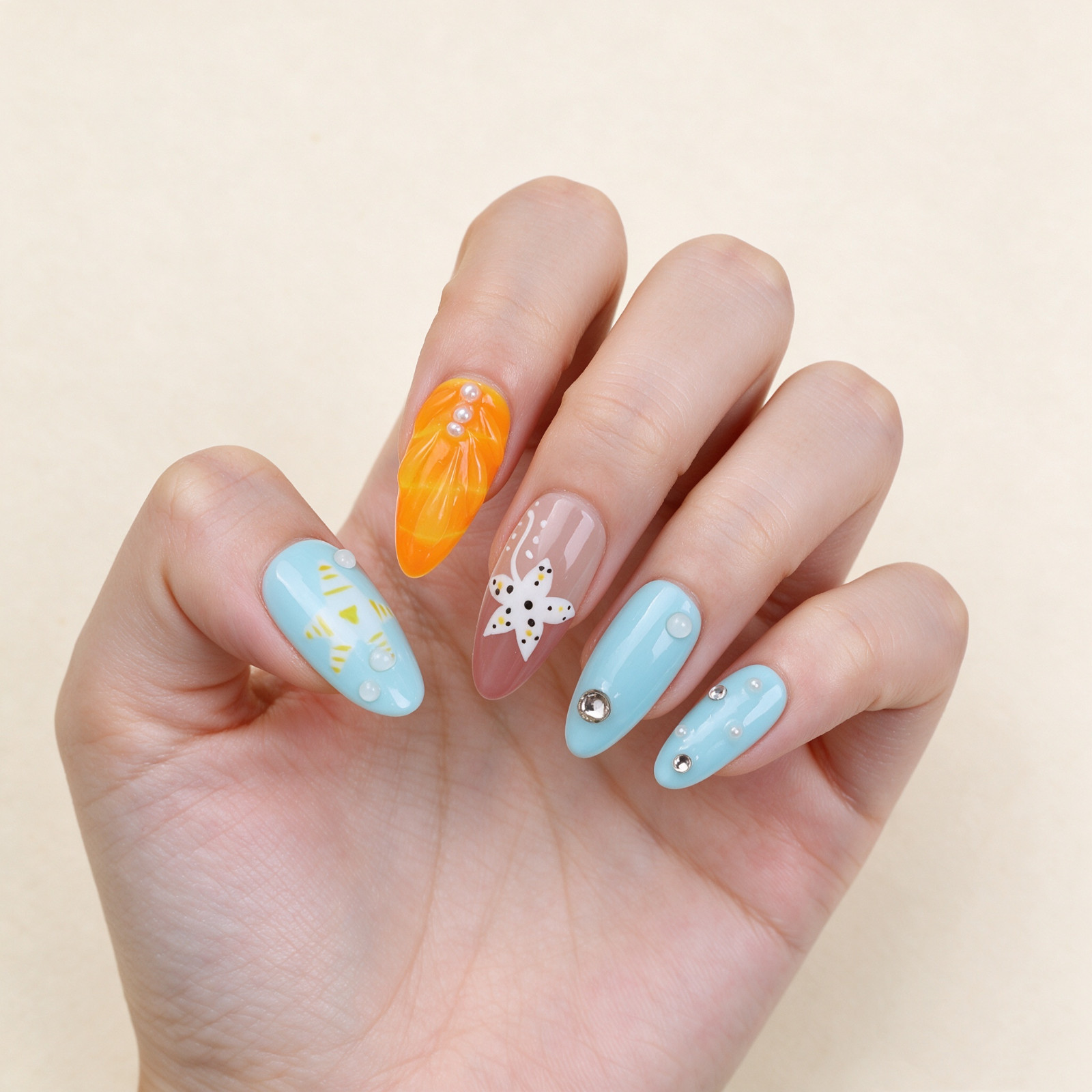 Press On Nails Medium Almond Blue Orange 3D Floral Pearl Summer Beach Nail Set
