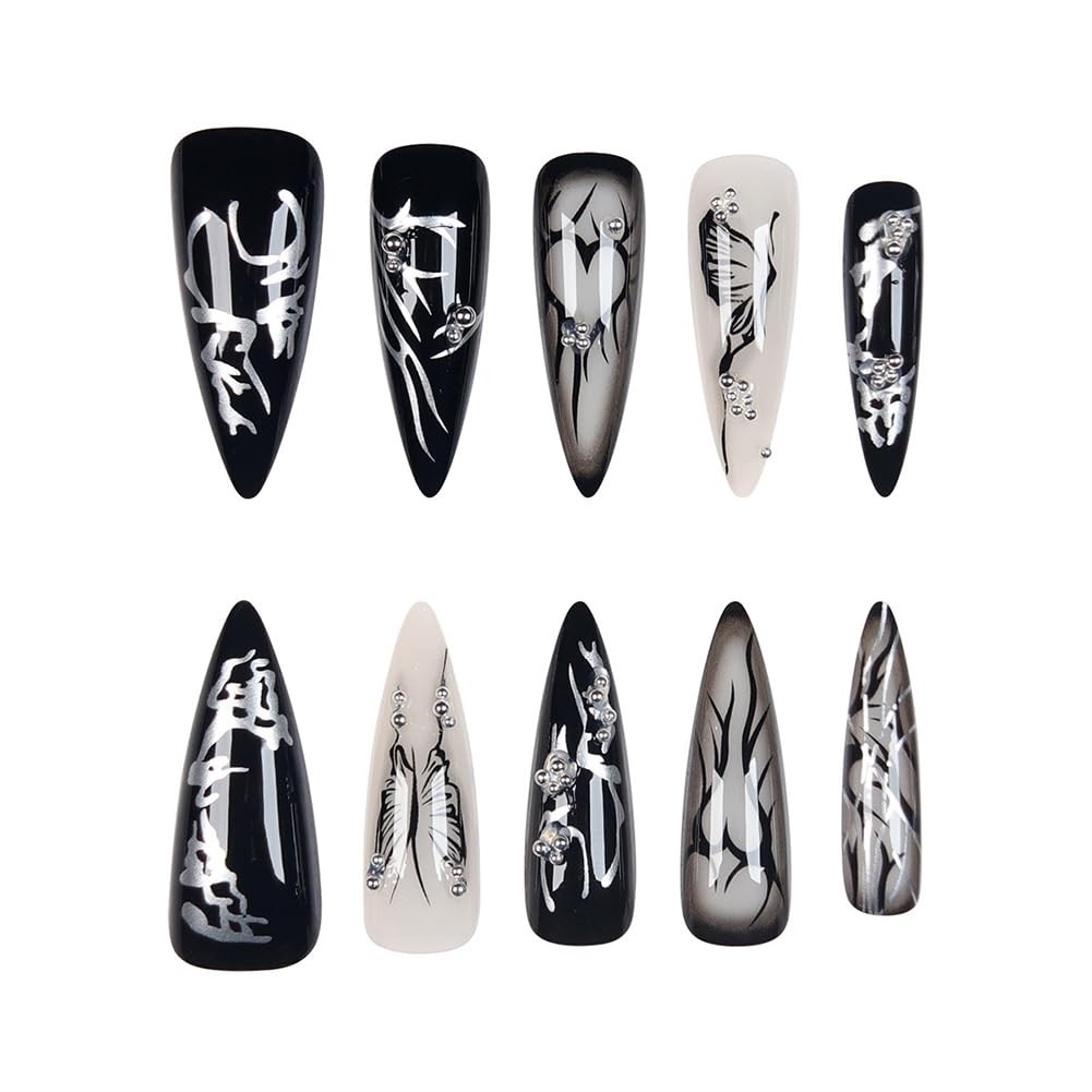 24PCS Long Press on Nails Almond Shaped Goth Black White Full Cover Artificial F
