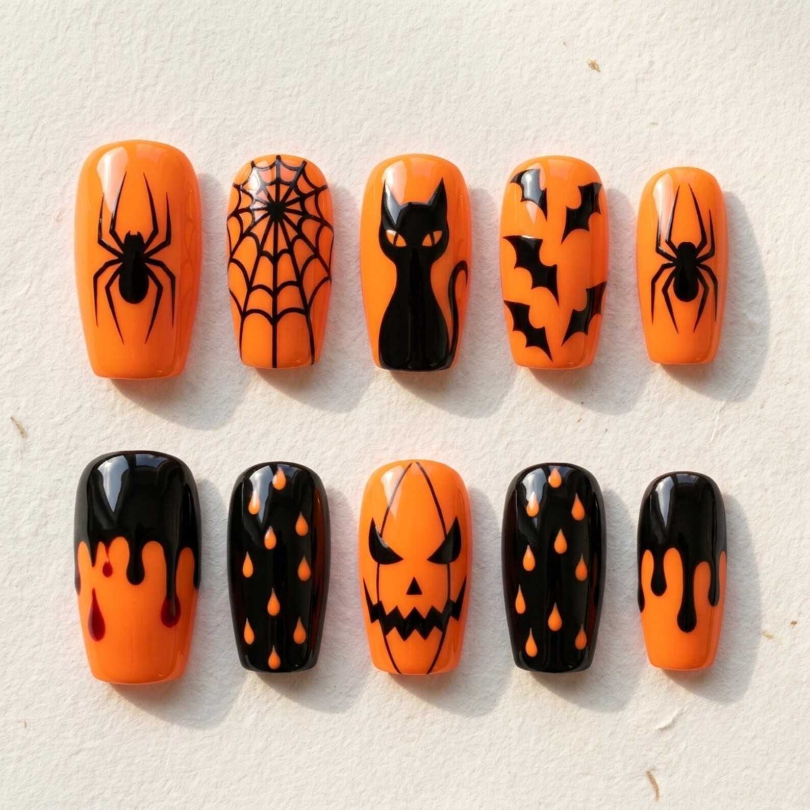 Custom Handmade Classic Orange Black Halloween Spider Square Press on Nails