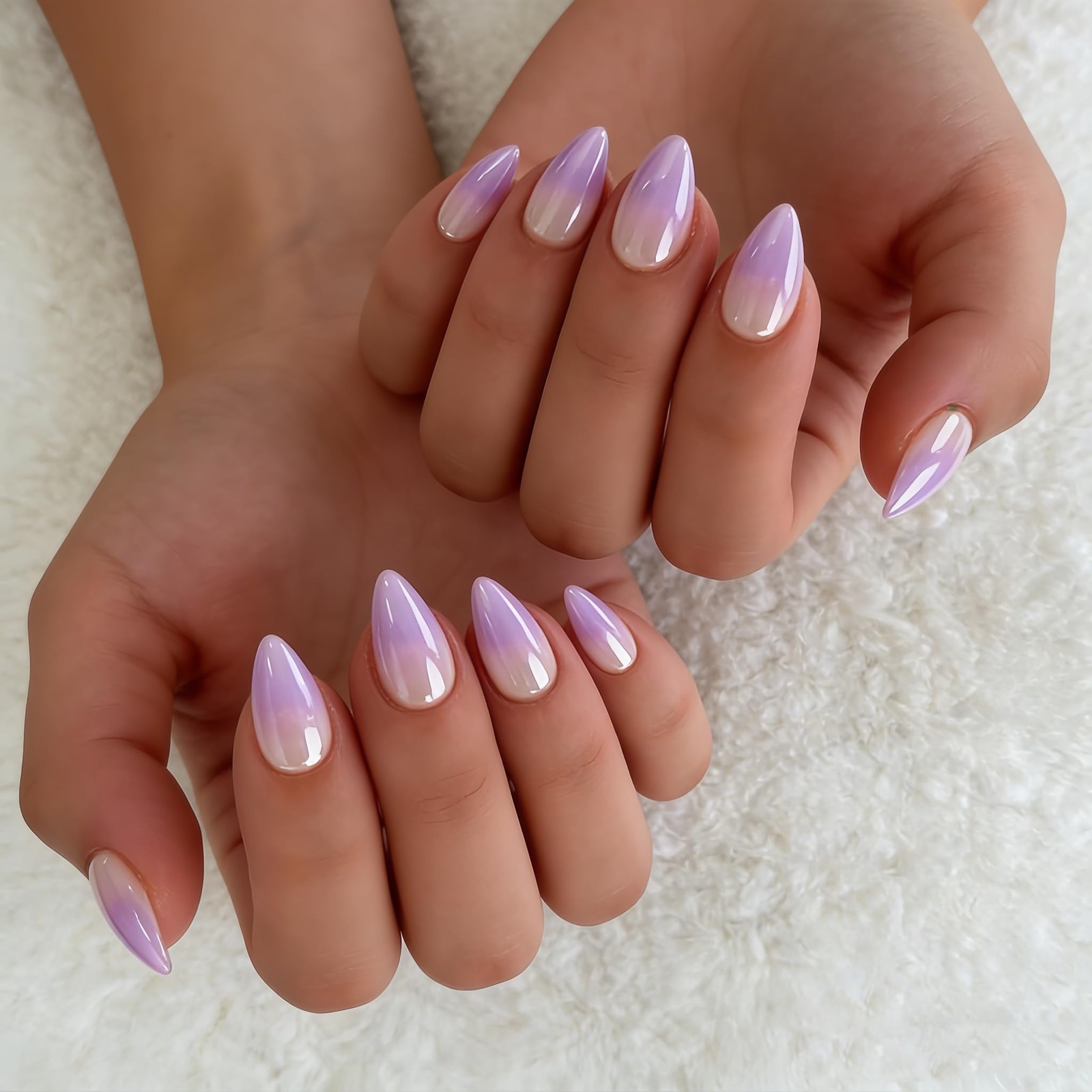 Chrome Ombre Lilac Press on Nails Short Almond, Shiny French Fake Nails with …
