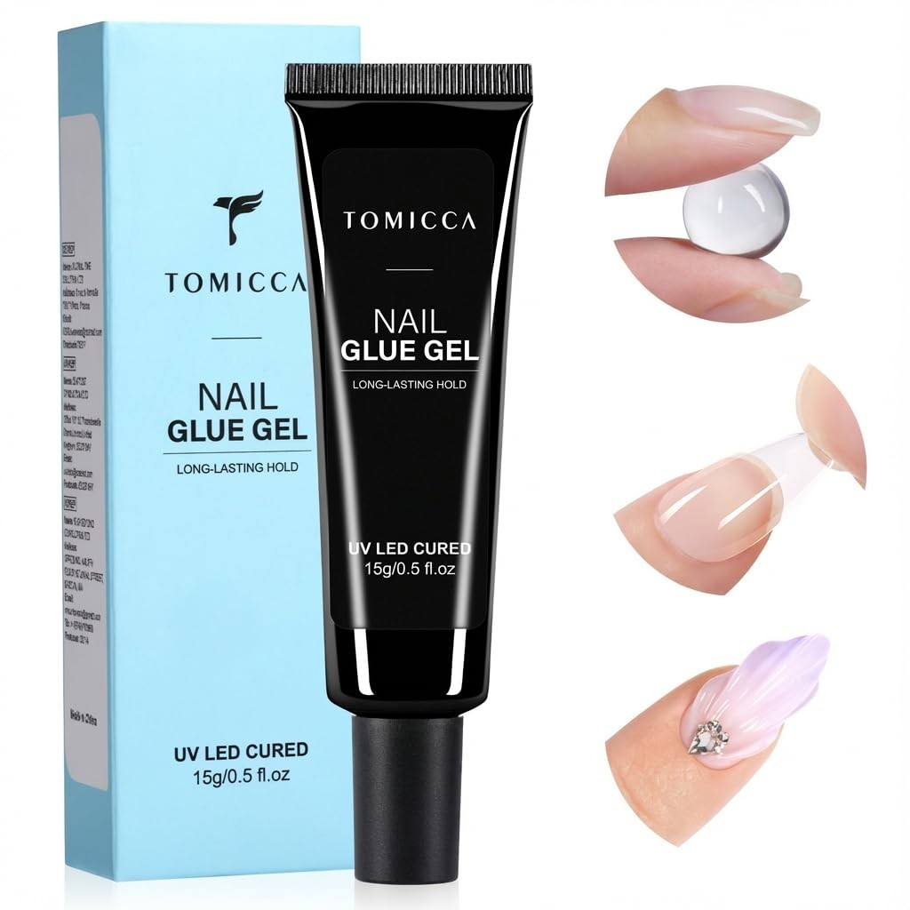 TOMICCA 4-in-1 Solid Gel Nail Glue, Strong Hold Clear Adhesive for Press On