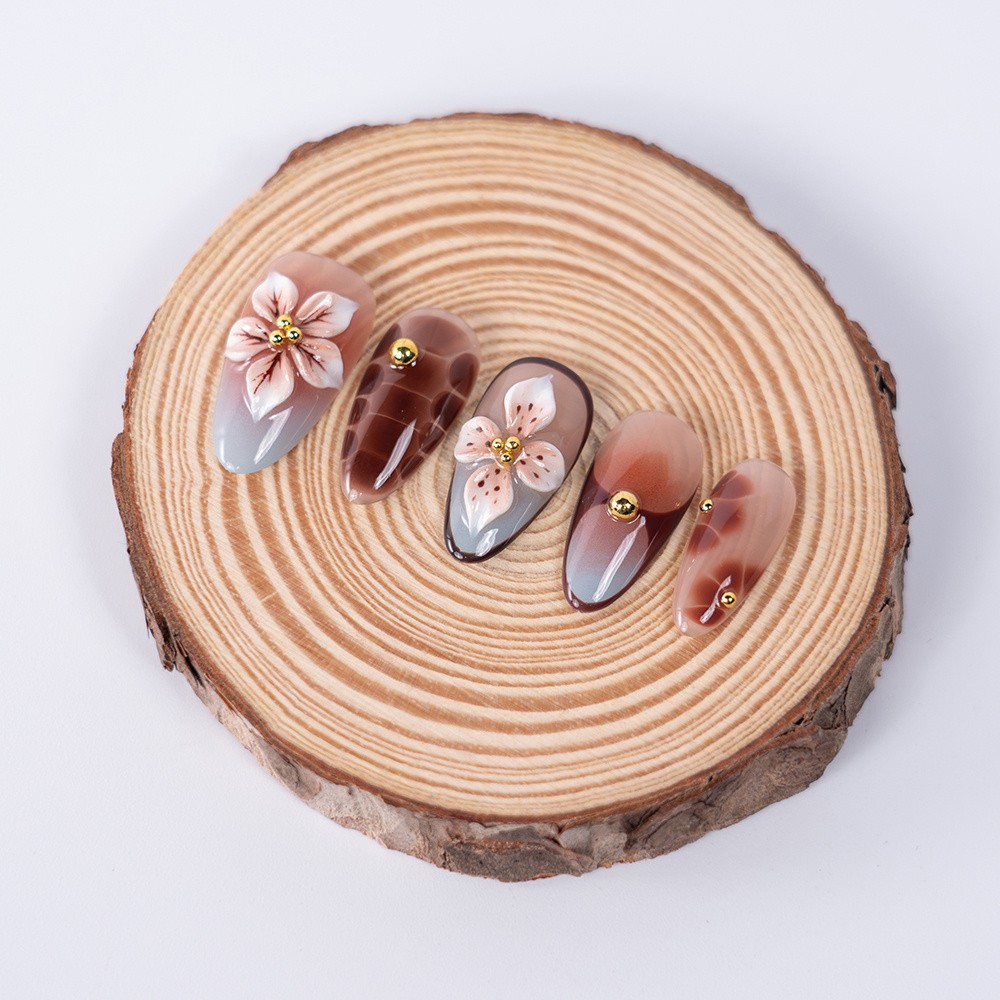 10/20PCS Handmade Almond Shape Press On Nails Gradient Floral Fake Nails S-L