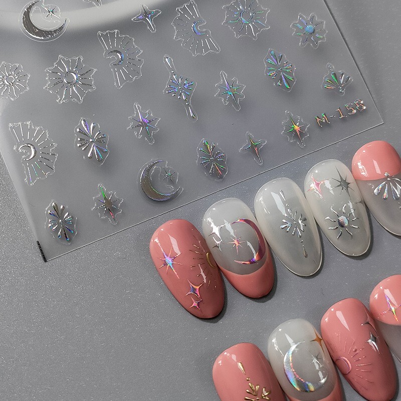 Gold and Silver Moon Nail Stickers, Gold Star Nail Decals (461)