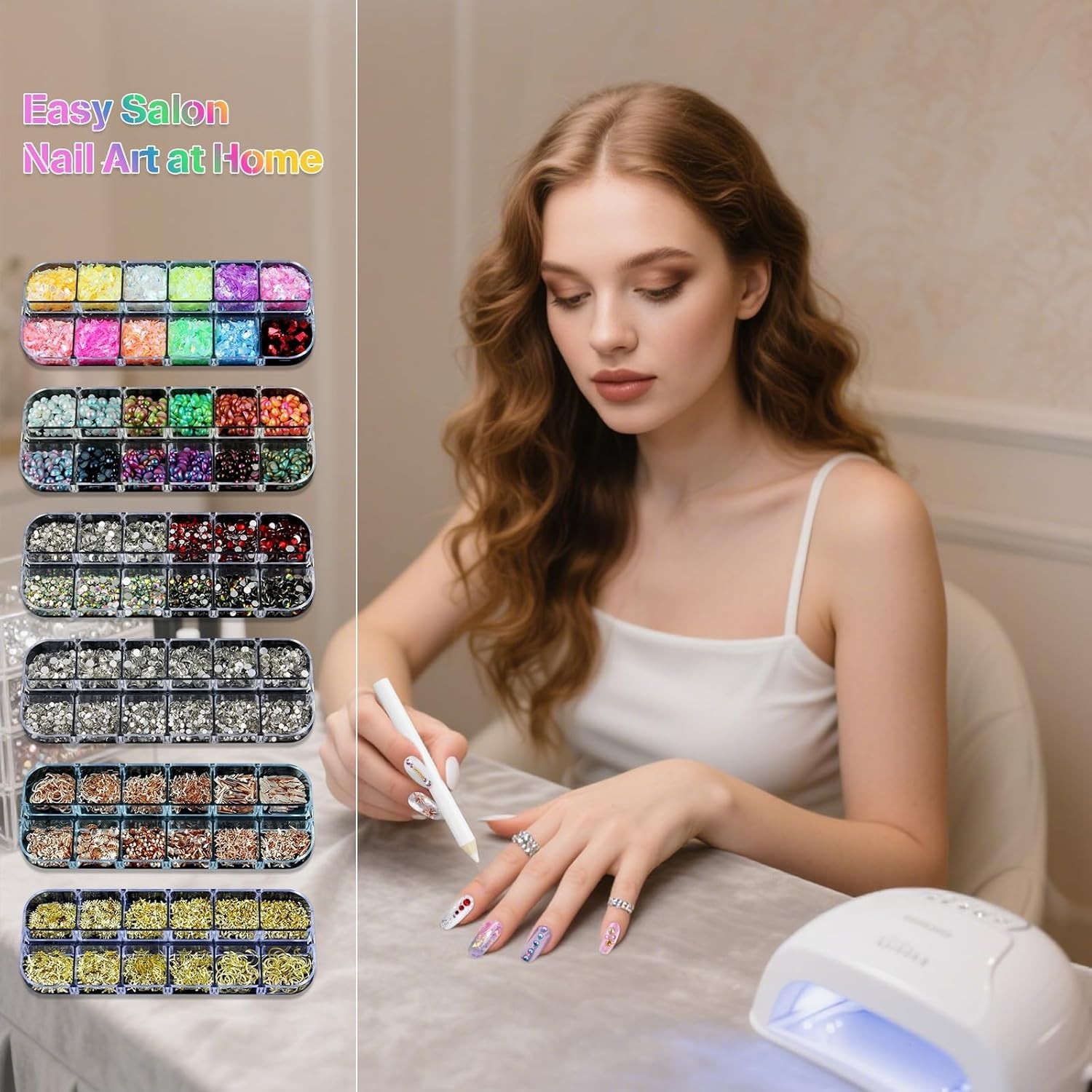 Nail Art Studs Kit, 6 boxes Multicolor And Design 3D Charms Pearls With 15 Sh…