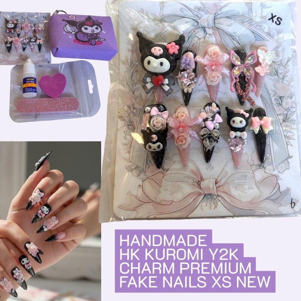 Y2K HK Press On Nails Cute KUROMI handmade premium Fake Nails Set NEW XSMALL