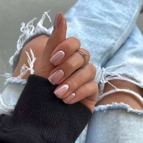 Nude Press On Nails Short – Chrome Press On Nails Square, Sparkly square peach